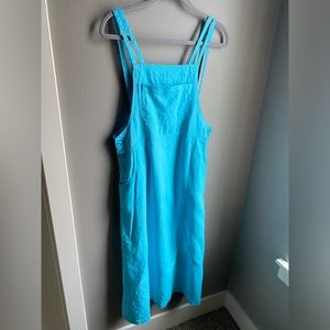 Vintage ‘Real Comfort’ Overall Maxi Dress, 100% linen, Aqua Blue, Size SP.